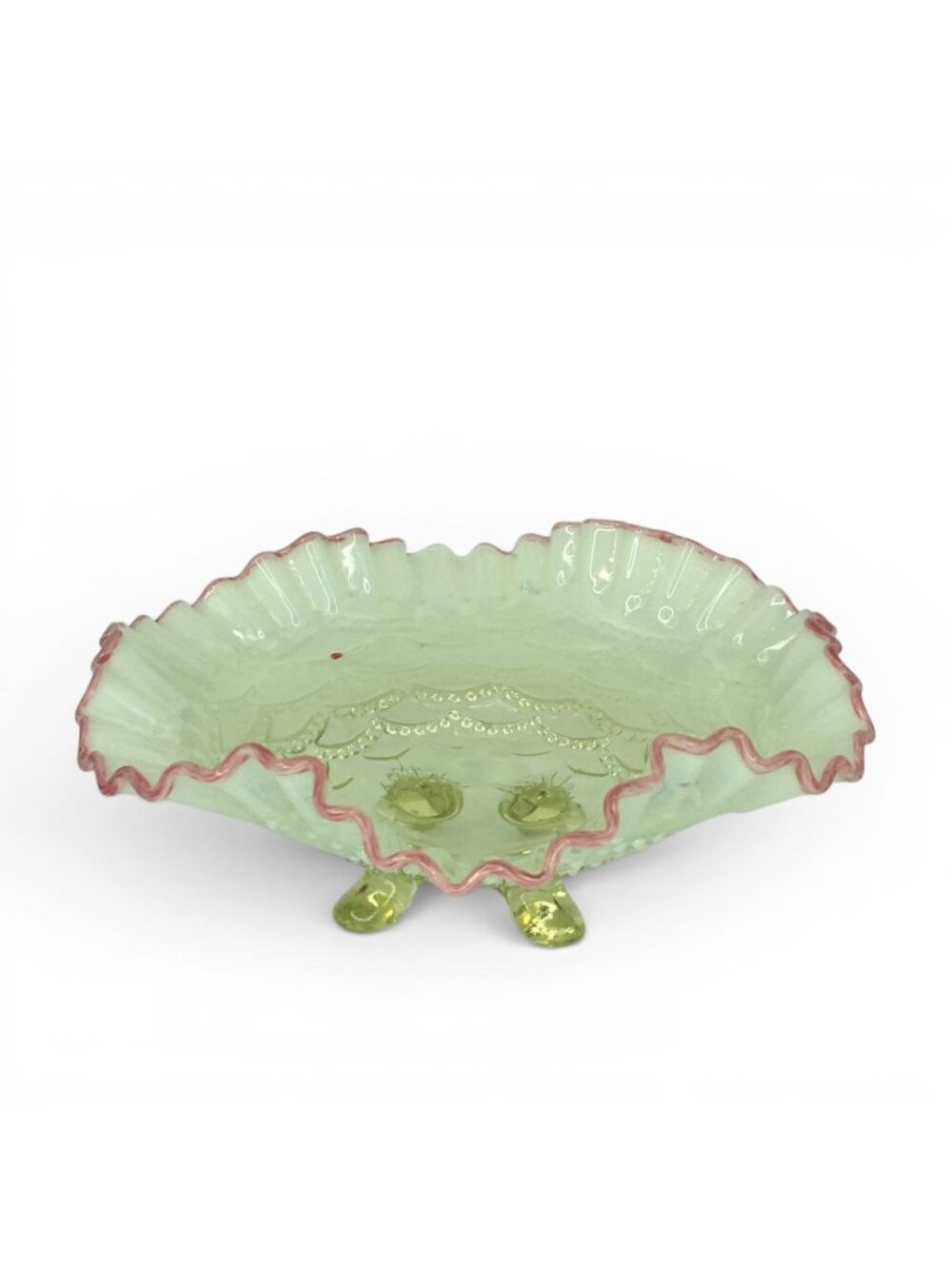 Jefferson Glass Opalescent Uranium Footed Bowl Pink Ruffled Edge Beaded UV Glows